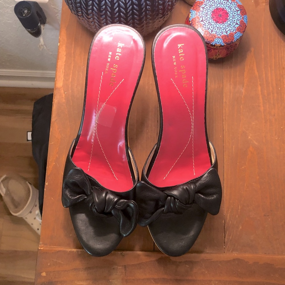 Kate Spade Wood Heel Bow Accent Slides - Size 9